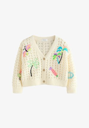 Cardigan in maglia color crema con chiusura a bottoni, decorato con ricami di farfalle colorate, palme, caramelle e conchiglie.