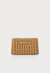 Tan faux leather wallet featuring a quilted design with a woven pattern, a silver logo plate, and a zip closure. Smooth texture and compact shape.