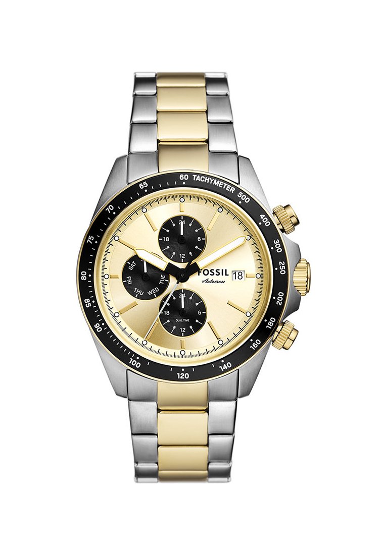 Chronograf zegarek z dwukolorowym metalowym paskiem, złotym i srebrnym. Posiada złotą tarczę z trzema czarnymi subtarczami, tachometr i złote akcenty.
