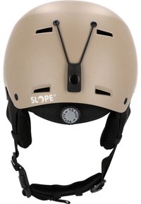 Beige SLOPE-helm met zwarte verstelbare kinband, ventilatieopeningen en een achterste draaiknop voor maatverstelling.