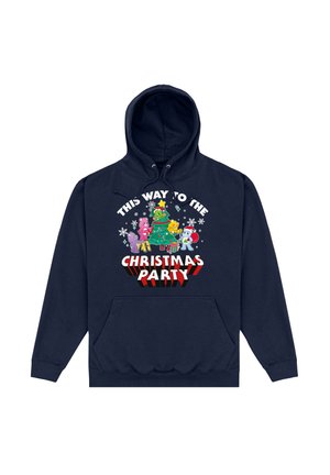 Granatowy kaptur z kieszenią z przodu, zdobiony kolorową grafiką przedstawiającą choinkę, płatki śniegu oraz postacie, z napisem "TĄ DROGĄ NA IMPREZĘ BOŻONARODZENIOWĄ."