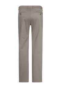 Beige Hose mit geradem Schnitt aus glattem Stoff. Verfügt über zwei Gesäßtaschen mit Knopfverschluss, Gürtelschlaufen und einem sauberen Finish.