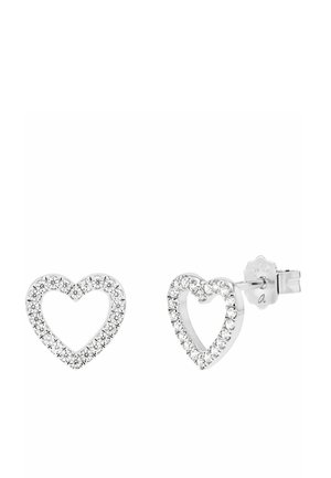 Silver heart-shaped stud earrings outlined with small clear gemstones, showing front and side views on a white background.