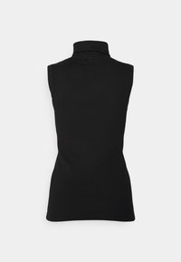Haut sans manches en maille côtelée noir, avec un col montant et un design structuré, fabriqué à partir d'un tissu extensible.
