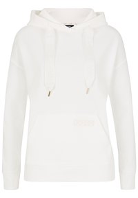 Sweat à capuche blanc à manches longues, poche avant, larges cordons, patch logo discret, poignets et ourlet côtelés.