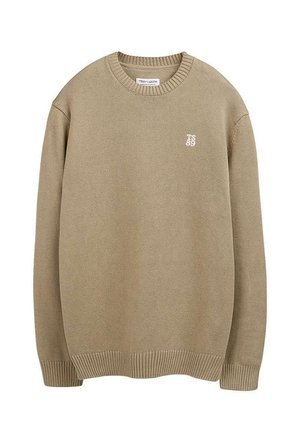 Pull beige à col rond avec poignets et ourlet côtelés, arborant un petit texte blanc "TS 89" sur le côté gauche de la poitrine.