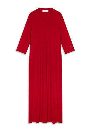 Robe rouge à manches longues avec un décolleté en V, des fentes latérales et des manches retroussées. Confectionnée dans un tissu lisse et extensible. Dispose d'un petit logo sur le poignet.