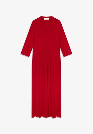 Vestido rojo de manga larga con escote en V, aberturas laterales y puños abotonados. Hecho de una tela suave y elástica. Cuenta con un pequeño logo en el puño.