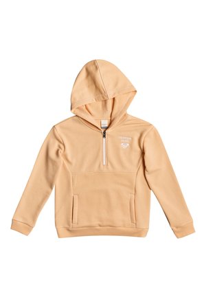 Sweat à capuche orange clair avec demi-fermeture éclair à l'avant, poche kangourou, et petit logo blanc « Sunrise Surf » sur la poitrine.