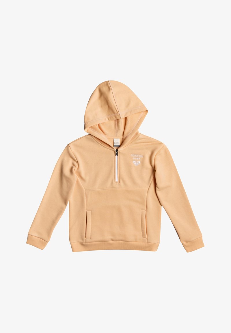 Sweat à capuche orange clair avec demi-fermeture éclair à l'avant, poche kangourou, et petit logo blanc « Sunrise Surf » sur la poitrine.