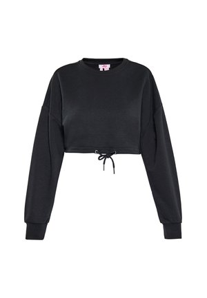 Sort langærmet cropped sweatshirt med rund hals og justerbar snøre ved kanten, vist på hvid baggrund.