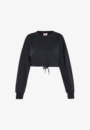 Sort langærmet cropped sweatshirt med rund hals og justerbar snøre ved kanten, vist på hvid baggrund.