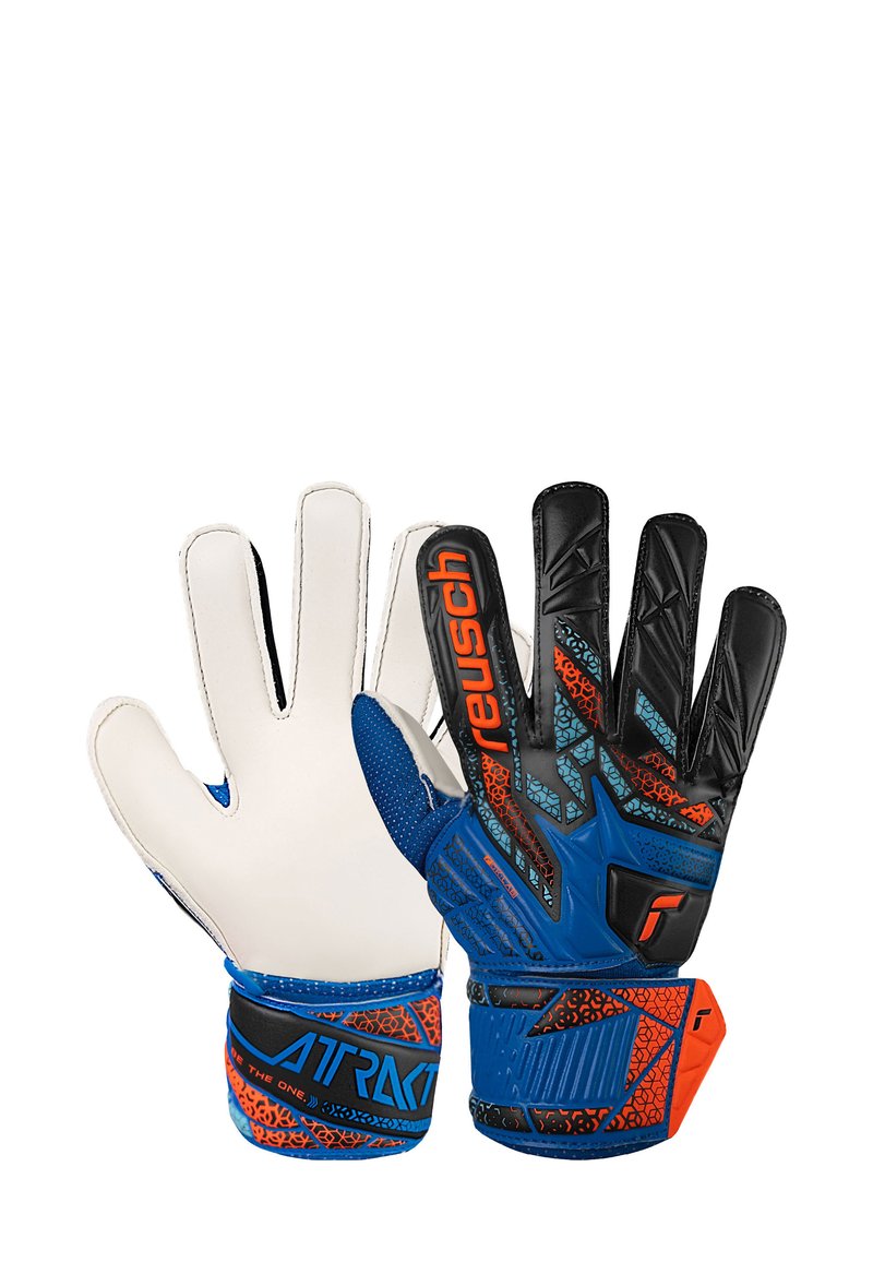 Guanti da portiere con palmo bianco, retro nero e blu, impugnatura testurizzata e audaci accenti arancioni con marchio "Reusch".