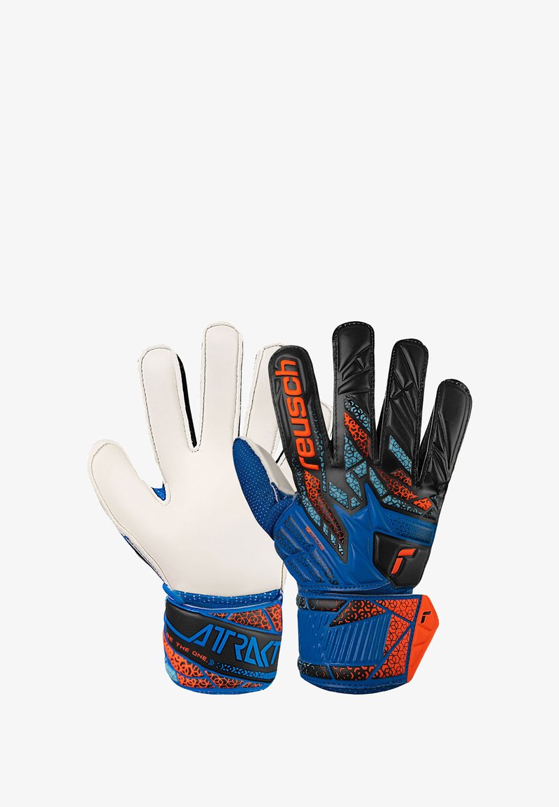 Guanti da portiere con palmo bianco, retro nero e blu, impugnatura testurizzata e audaci accenti arancioni con marchio "Reusch".