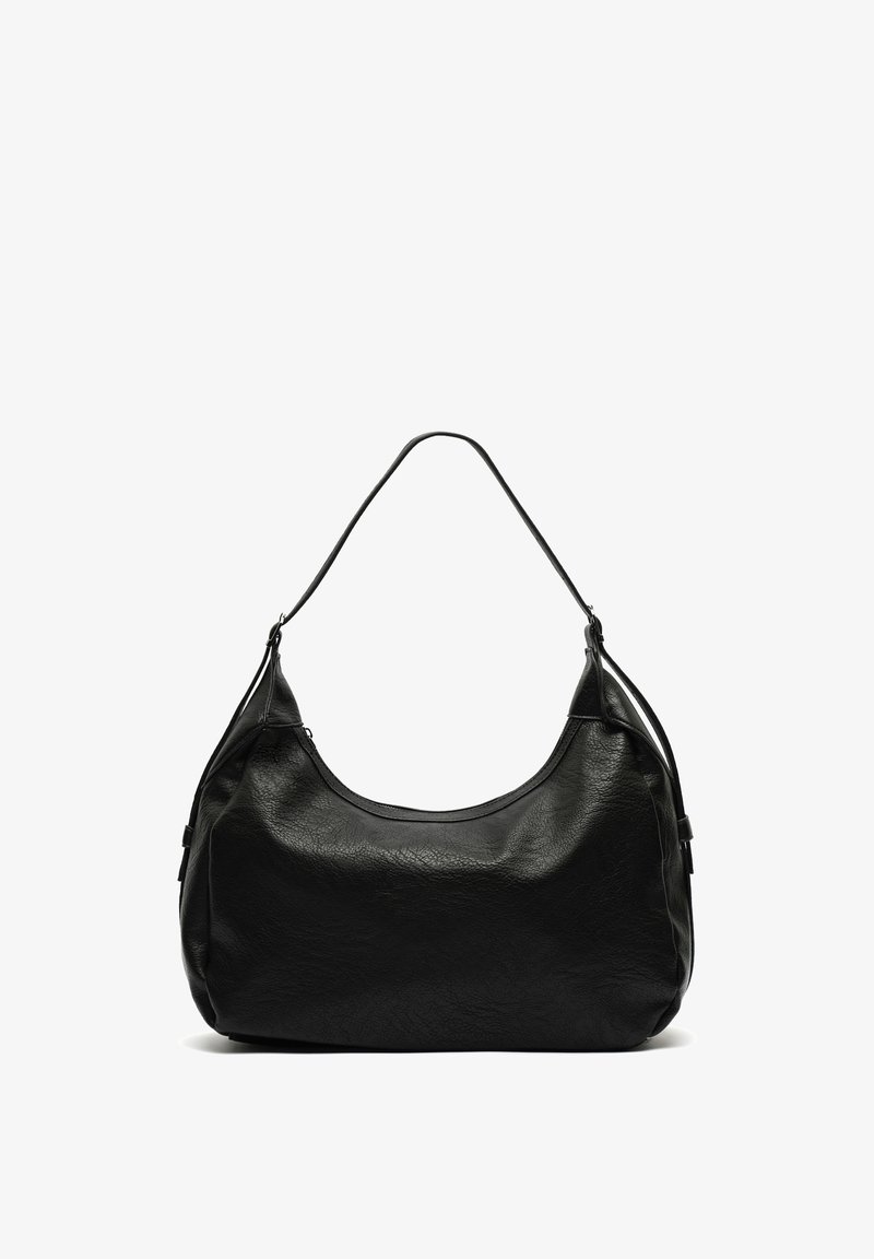 Black leather shoulder bag with a soft, textured finish. Features a curved shape and a single, adjustable strap for easy carrying.