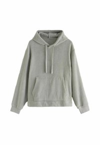 Jasnozielony, prążkowany hoodie z przednią kieszenią, kapturem z troczkami i rękawami z mankietami. Miękka tekstura i luźny krój.