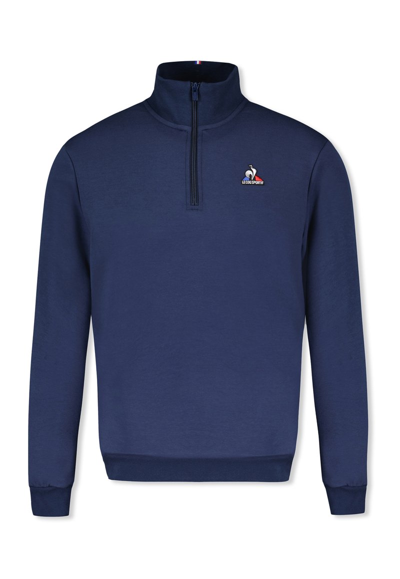 Felpa navy a zip corta realizzata in tessuto morbido. Presenta un'emblema del marchio sul petto e polsini a coste. Design semplice e classico.