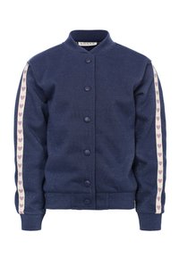 Marineblauw bomberjack van zacht materiaal, met een gestructureerde afwerking, knoopsluiting en gestreepte zijkanten met een patroon van paarse harten.