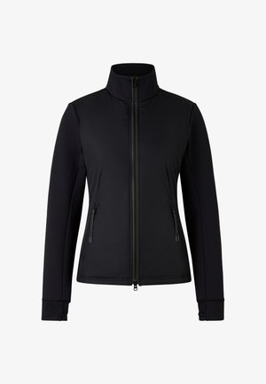 Czarna kurtka z wysokim kołnierzem, zapinana na zamek, z dwoma bocznymi kieszeniami. Wykonana z gładkiej tkaniny, z długimi rękawami i subtelnymi detalami przeszyć.