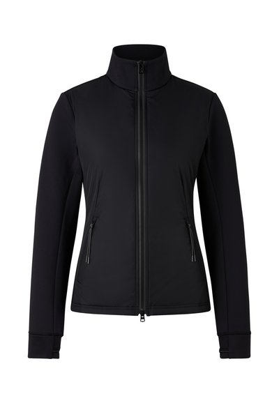 Czarna kurtka z wysokim kołnierzem, zapinana na zamek, z dwoma bocznymi kieszeniami. Wykonana z gładkiej tkaniny, z długimi rękawami i subtelnymi detalami przeszyć.