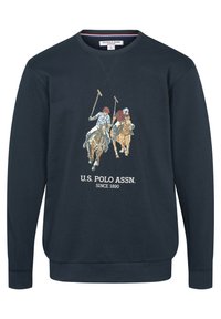 Mörkblå sweatshirt med långa ärmar, strukturerad tygkvalitet, med en färgglad polo-scen grafik och texten "U.S. POLO ASSN. SINCE 1890".