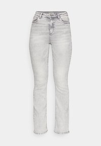 Lys grå denimjeans med høy livhøyde, rett ben-design, fem lommer og subtile fading-detaljer gjennom stoffet.