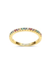 Anello d'oro con una fila di pietre rotonde multicolori lungo la fascia. Finitura liscia con una superficie lucida. Marchio inciso all'interno.