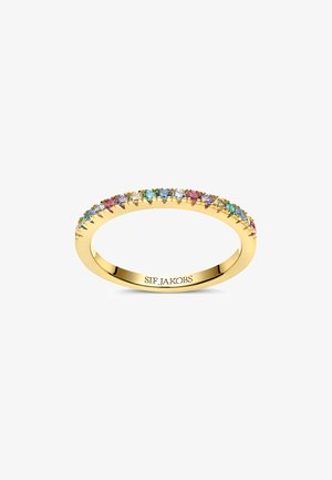 Bague en or ornée d'une rangée de pierres Taillées rondes multicolores le long de l'anneau. Fini lisse avec une surface polie. Marque gravée à l'intérieur.