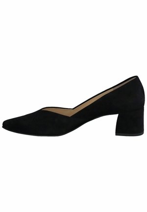 Décolleté in suede nero con punta affusolata e design a V, dotato di tacco spesso e rivestimento interno liscio.