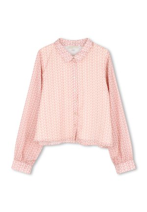 Blouse rose manches longues avec motif de flèches blanches, boutonnage devant, col à volants et poignets froncés.