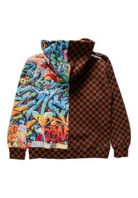 Felpa con design diviso: un lato presenta motivi di graffiti colorati e l'altro in un motivo a scacchi marrone. Cappuccio regolabile.