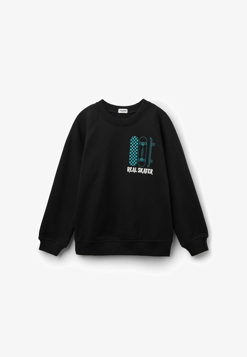 Černá mikina s kulatým výstřihem, na které je grafika skateboardů v tyrkysové a bílé barvě s nápisem "SKUTEČNÝ SKATER." Ribované manžety a lem.
