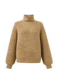 Beige coltrui van een zachte, gestructureerde brei. Heeft losse, oversized mouwen en een hoge kraag voor extra warmte en comfort.