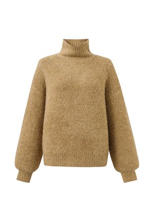 Beige coltrui van een zachte, gestructureerde brei. Heeft losse, oversized mouwen en een hoge kraag voor extra warmte en comfort.