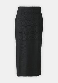 Svart blyantskjørt laget av strukturert stoff med perforert mønster. Rett design som faller til kneet, med en enkel midje.