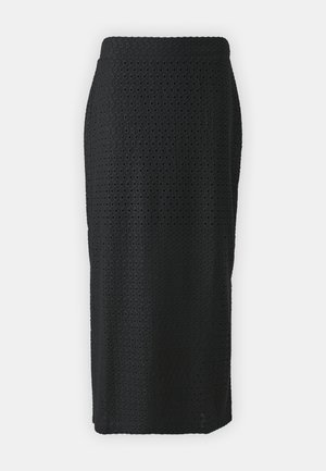 Fustă neagră până la genunchi, realizată dintr-un material texturat cu perforații mici, având o croială dreaptă și talie elastică.