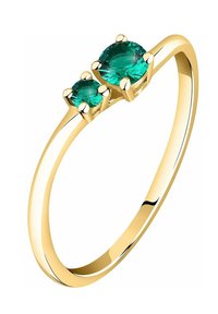 Guldring med två ovala tealstenar som är satta i klor, med en slät, polerad band och en delikat, minimalistisk design.