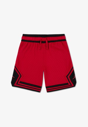 Rote Sportshorts mit Mesh-Textur, schwarzen Akzenten und diagonalen Linien. Sie verfügen über einen elastischen Bund und einen Kordelzug.