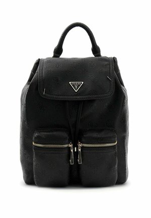 Schwarzer, strukturierter Guess-Rucksack mit Tragegriff oben, Klappverschluss, Logoabzeichen und zwei vorderen Reißverschlusstaschen.