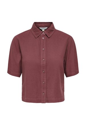 Camisa de manga corta con botones en un burdeos suave, con cuello y dobladillo recto, etiquetada "ONLY" en el interior del cuello.