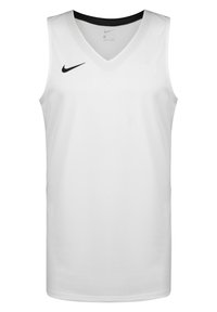 Weiße Nike-Basketball-Trikot mit V-Ausschnitt, ärmellosem Schnitt und schwarzem Nike-Logo auf der linken Brust, aus glattem Textilgewebe.