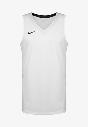 White Nike basketball jersey with a V-neck design, sleeveless cut, featuring a black Nike logo on the left chest, smooth textured fabric.