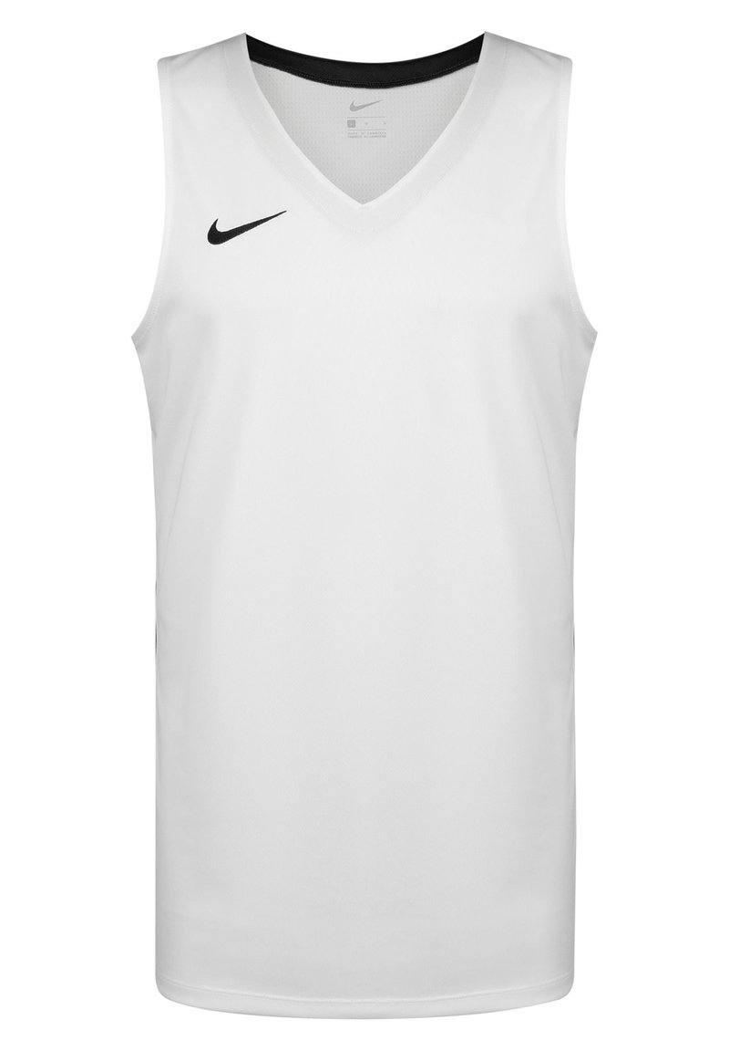 Weiße Nike-Basketball-Trikot mit V-Ausschnitt, ärmellosem Schnitt und schwarzem Nike-Logo auf der linken Brust, aus glattem Textilgewebe.