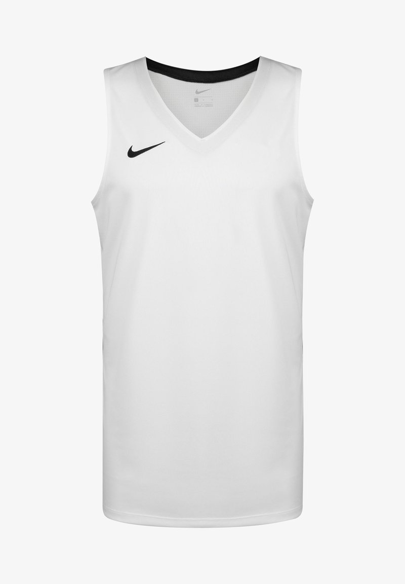 Weiße Nike-Basketball-Trikot mit V-Ausschnitt, ärmellosem Schnitt und schwarzem Nike-Logo auf der linken Brust, aus glattem Textilgewebe.