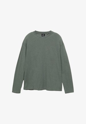 Langærmet grøn stribet t-shirt. Fremstillet i blødt stof med rund hals og afslappet pasform, med subtil tekstur og synlig syning.