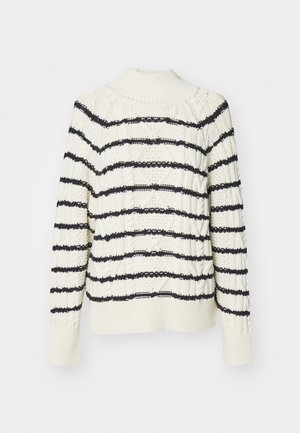 Suéter de punto crema con rayas horizontales en navy, que presenta un cuello alto, patrones texturizados y puños y bajo acanalados.