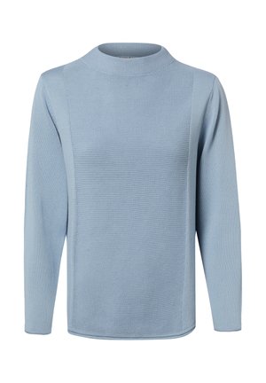 Hellblauer Strickpullover mit langen Ärmeln, strukturiertem Vorderteil und Stehkragen.