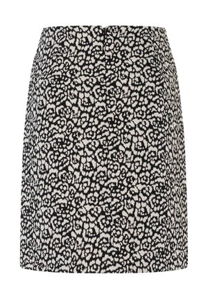 Schwarz-weißes Minirock mit Leopardenmuster, gerade geschnitten und mit einer Mittennähte auf der Rückseite, vor einem schlichten Hintergrund.