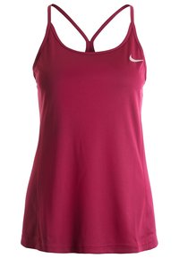 Débardeur de sport pour femme, bordeaux, sans manches, avec fines bretelles croisées et petit logo Nike blanc sur la poitrine.