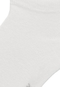 White cotton blend ankle sock with a smooth texture and ribbed top cuff. Features subtle gray logo detailing near the bottom.